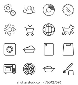 Thin line icon set : gear, group, circle diagram, percent, round around, add to cart, globe, dog, ring button, washing, cutting board, grill oven, wheel, foam basin, toilet brush