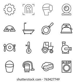 Thin line icon set : gear, fingerprint, virtual mask, web cam, dome house, bath, pan, kettle, fork spoon plate, thermometer, tractor, water pump, bucket, vacuum cleaner, sponge with foam