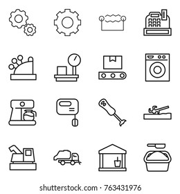 Thin line icon set : gear, electrostatic, cashbox, warehouse scales, transporter tape, washing machine, coffee maker, mixer, blender, soil cutter, harvester, trash truck, utility room, powder