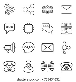 Thin line icon set : gear, share, team, mail, message, chip, discussion, server, megafon, balloon, satellite, phone, support manager, wireless