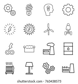 Thin line icon set : gear, bulb, head, lightning, sun power, windmill, hoverboard, infinity, electrostatic, factory, barrel, radiator, floor lamp, gears