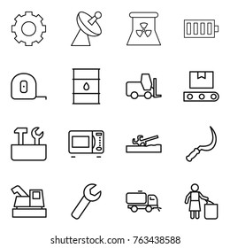 Thin line icon set : gear, satellite antenna, nuclear power, battery, measuring tape, barrel, fork loader, transporter, repair tools, microwave oven, soil cutter, sickle, harvester, wrench, sweeper