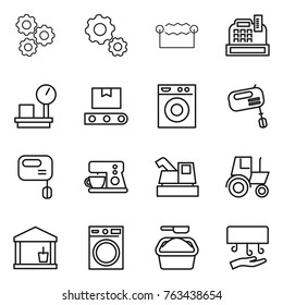 Thin line icon set : gear, electrostatic, cashbox, warehouse scales, transporter tape, washing machine, mixer, coffee maker, harvester, tractor, utility room, powder, hand dryer