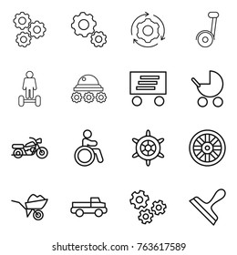 Thin line icon set : gear, around, segway, hoverboard, lunar rover, delivery, baby stroller, motorcycle, invalid, handwheel, wheel, wheelbarrow, pickup, gears, scraper