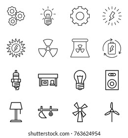 Thin line icon set : gear, bulb, lightning, sun power, nuclear, battery charge, spark plug, gas station, speaker, floor lamp, plow, windmill