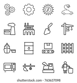 Thin line icon set : gear, sun power, electric car, factory, construction, tower crane, port, barrel, transporter tape, pallet, microwave oven, plow, harvester, garbage bin