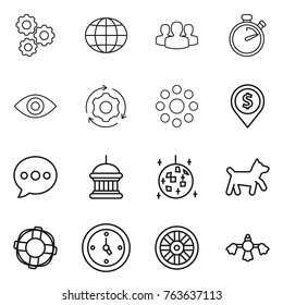 Thin line icon set : gear, globe, group, stopwatch, eye, around, round, dollar pin, balloon, goverment house, disco ball, dog, lifebuoy, watch, wheel, hard reach place cleaning