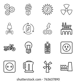 Thin line icon set : gear, bulb, sun power, nuclear, hoverboard, battery charge, infinity, factory, motorcycle, remote control, socket, kettle, windmill