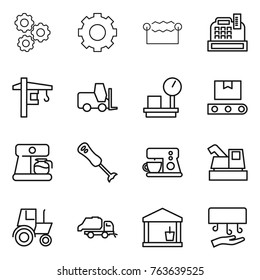 Thin line icon set : gear, electrostatic, cashbox, tower crane, fork loader, warehouse scales, transporter tape, coffee maker, blender, harvester, tractor, trash truck, utility room, hand dryer