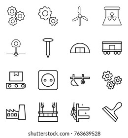 Thin line icon set : gear, windmill, nuclear power, laser, nail, hangare, railroad shipping, transporter tape, socket, plow, gears, factory, skysrcapers cleaning, skyscrapers, scraper