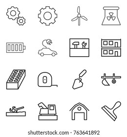 Thin line icon set : gear, windmill, nuclear power, battery, electric car, tools, modular house, brick, measuring tape, construction, plow, soil cutter, harvester, barn, scraper