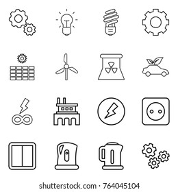 Thin line icon set : gear, bulb, sun power, windmill, nuclear, eco car, infinity, factory, electricity, socket, switch, kettle, gears