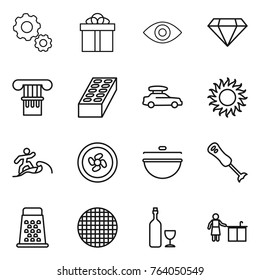 Thin line icon set : gear, gift, eye, diamond, column, brick, car baggage, sun, surfer, cooler fan, cauldron, blender, grater, sieve, wine, kitchen cleaning