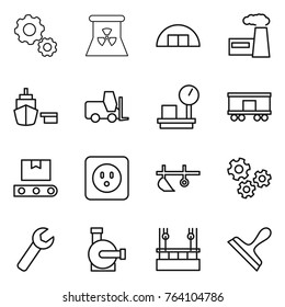 Thin line icon set : gear, nuclear power, hangare, factory, port, fork loader, warehouse scales, railroad shipping, transporter tape, socket, plow, gears, wrench, water pump, skysrcapers cleaning