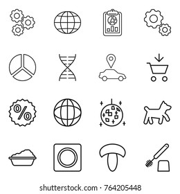 Thin line icon set : gear, globe, report, diagram, dna, car pointer, add to cart, percent, disco ball, dog, washing, ring button, mushroom, toilet brush
