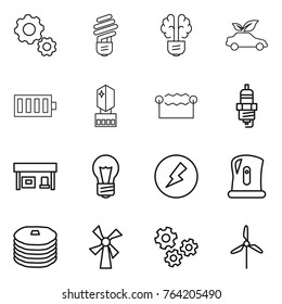 Thin line icon set : gear, bulb, brain, eco car, battery, crystall memory, electrostatic, spark plug, gas station, electricity, kettle, pancakes, windmill, gears