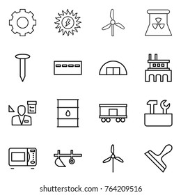 Thin line icon set : gear, sun power, windmill, nuclear, nail, bunker, hangare, factory, architector, barrel, railroad shipping, repair tools, microwave oven, plow, scraper