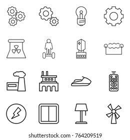 Thin line icon set : gear, bulb, nuclear power, hoverboard, crystall memory, electrostatic, factory, jet ski, remote control, electricity, switch, floor lamp, windmill