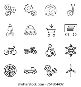Thin line icon set : gear, around, segway, hoverboard, lunar rover, add to cart, delivery, bike, motorcycle, invalid, handwheel, wheel, pickup, gears, windmill