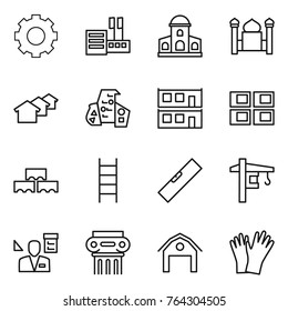 Thin line icon set : gear, store, mansion, minaret, houses, modern architecture, modular house, panel, block wall, stairs, level, tower crane, architector, antique column, barn, gloves