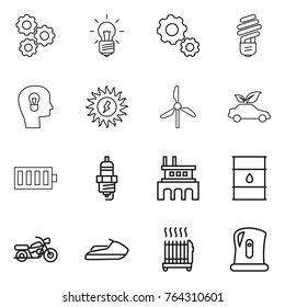 Thin line icon set : gear, bulb, head, sun power, windmill, eco car, battery, spark plug, factory, barrel, motorcycle, jet ski, radiator, kettle