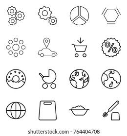 Thin line icon set : gear, diagram, hex molecule, round around, car pointer, add to cart, percent, donut, baby stroller, globe, earth, cutting board, foam basin, toilet brush