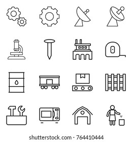 Thin line icon set : gear, satellite antenna, microscope, nail, factory, measuring tape, barrel, railroad shipping, transporter, pallet, repair tools, microwave oven, barn, garbage bin