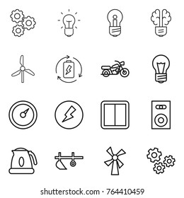 Thin line icon set : gear, bulb, brain, windmill, battery charge, motorcycle, barometer, electricity, power switch, speaker, kettle, plow, gears
