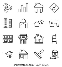 Thin line icon set : gear, graph, home, under construction, skyscrapers, minaret, houses, slum, panel house, antique column, stairs, wheelbarrow, scraper, housing