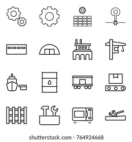 Thin line icon set : gear, sun power, laser, bunker, hangare, factory, tower crane, port, barrel, railroad shipping, transporter tape, pallet, repair tools, microwave oven, soil cutter