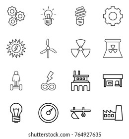 Thin line icon set : gear, bulb, sun power, windmill, nuclear, hoverboard, infinity, factory, gas station, barometer, plow
