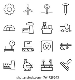 Thin line icon set : gear, windmill, laser, nail, hangare, factory, customs control, fork loader, warehouse scales, transporter tape, power socket, plow, water pump, skysrcapers cleaning, scraper
