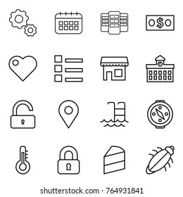 Thin line icon set : gear, calendar, server, money, heart, list, shop, university, unlock, geo pin, pool, compass, thermometer, locked, cake, bug