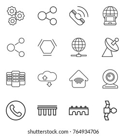 Thin line icon set : gear, share, call, notebook globe, molecule, hex, connect, satellite antenna, server, cloude service, wireless home, web cam, phone, bridge