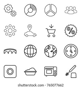 Thin line icon set : gear, circle diagram, group, round around, car pointer, add to cart, percent, bridge, globe, watch, ring button, washing, grill oven, toilet brush