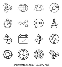 Thin line icon set : gear, globe, group, circle diagram, stopwatch, core splitting, balloon, draw compass, trip, terms, route, earth, lifebuoy, watch, wheel, gears