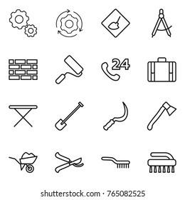 Thin line icon set : gear, around, under construction, draw compass, brick wall, repair, phone 24, suitcase, iron board, shovel, sickle, axe, wheelbarrow, pruner, brush