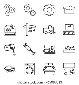 Thin line icon set : gear, electrostatic, cashbox, tower crane, fork loader, transporter tape, mixer, blender, coffee maker, soil cutter, trash truck, washing machine, powder, hand dryer