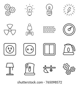 Thin line icon set : gear, bulb, lightning, nuclear, hoverboard, battery, barometer, power socket, switch, kettle, floor lamp, plow, gears