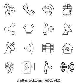 Thin line icon set : gear, phone, call, notebook globe, molecule, hex, satellite, antenna, wireless, server, home, mobile pay