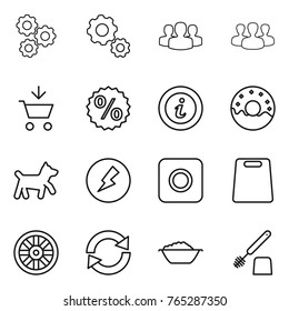 Thin line icon set : gear, group, add to cart, percent, info, donut, dog, electricity, ring button, cutting board, wheel, reload, foam basin, toilet brush