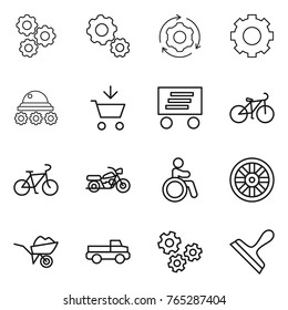 Thin line icon set : gear, around, lunar rover, add to cart, delivery, bike, motorcycle, invalid, wheel, wheelbarrow, pickup, gears, scraper
