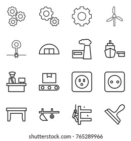 Thin line icon set : gear, windmill, laser, hangare, factory, port, customs control, transporter tape, power socket, table, plow, skyscrapers cleaning, scraper