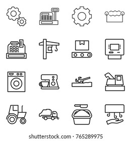 Thin line icon set : gear, cashbox, electrostatic, tower crane, transporter tape, atm, washing machine, coffee maker, soil cutter, harvester, tractor, trash truck, powder, hand dryer