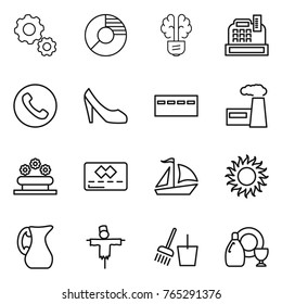 Thin line icon set : gear, circle diagram, bulb brain, cashbox, phone, shoes, bunker, factory, flower bed, credit card, sail boat, sun, jug, scarecrow, bucket and broom, dish cleanser