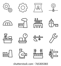 Thin line icon set : gear, nuclear power, laser, hangare, factory, port, customs control, warehouse scales, plow, wrench, water pump, skysrcapers cleaning, skyscrapers