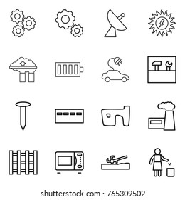 Thin line icon set : gear, satellite antenna, sun power, factory filter, battery, electric car, tools, nail, bunker, slum, pallet, microwave oven, soil cutter, garbage bin