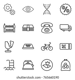Thin line icon set : gear, eye, dna, percent, gothic architecture, money, phone, shipping, broken, taxi, bike, ticket, pool, kettle, ecology, garbage bag