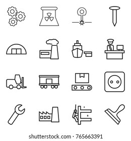 Thin line icon set : gear, nuclear power, laser, nail, hangare, factory, port, customs control, fork loader, railroad shipping, transporter tape, socket, wrench, skyscrapers cleaning, scraper
