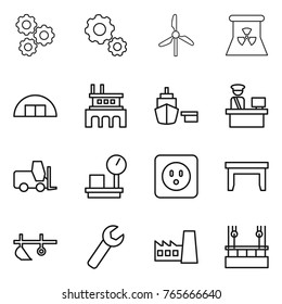Thin line icon set : gear, windmill, nuclear power, hangare, factory, port, customs control, fork loader, warehouse scales, socket, table, plow, wrench, skysrcapers cleaning